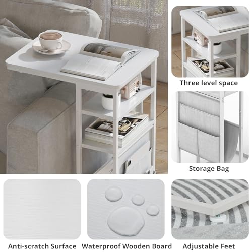 C Shaped End Table 28"(H) 3-Tier C Table with Storage Bag, Under Couch Table C-Shaped End Table with Storage Shelves and Bag for Living Room, Bedroom, or Office - color: White, size: Wood