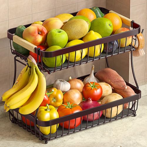 Sevenblue 2 Tier Large Fruit Basket for Kitchen Counter with 2 Mobile Banana Hangers, 2026 Pro Detachable Metal Fruit Bowl with Wooden Handle (Brown, 2 Tier Extra Large) - color: Brown, size: 2 Tier Extra Large