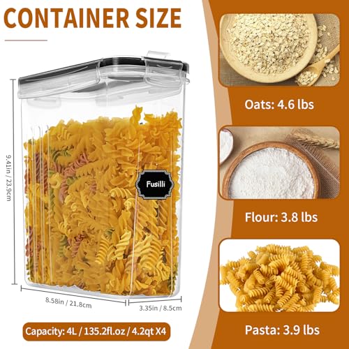 Cereal Containers Storage Set (4L / 135.2oz), 4PCS Airtight Food Storage Containers with Lids, Cereal Dispensers for Kitchen Pantry Organization and Storage with Pour Spout, 20 Labels, Marker - color: 4 Pack