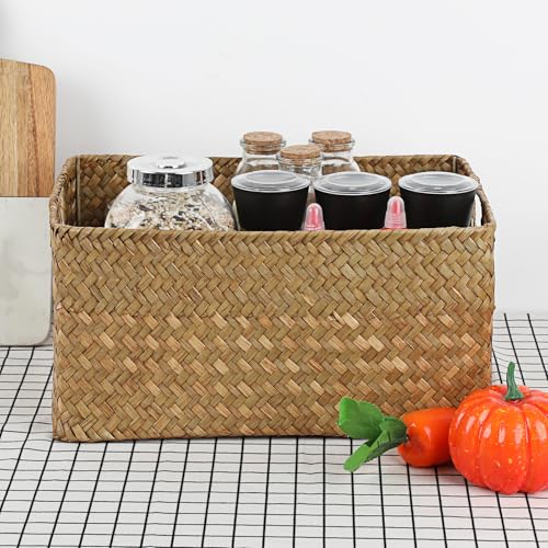 Hipiwe Seagrass Storage Basket Bin Rectangular Handwoven Wicker Storage Box with Handle Opened Baskets Box for Shelf Organizing Closet Bathroom, Caramel, Medium - color: Caramel, size: Medium,13.4"x9.4"x 6.7"