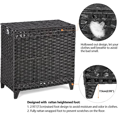 Laundry Hamper with 3 Removable Liner Bags; 132L Handwoven Rattan Laundry Basket with Lid & Heightened Feet; Clothes Hamper with Side Handles; Laundry Sorter with 3 Separate Sections - color: Black, size: 132L-3 Section