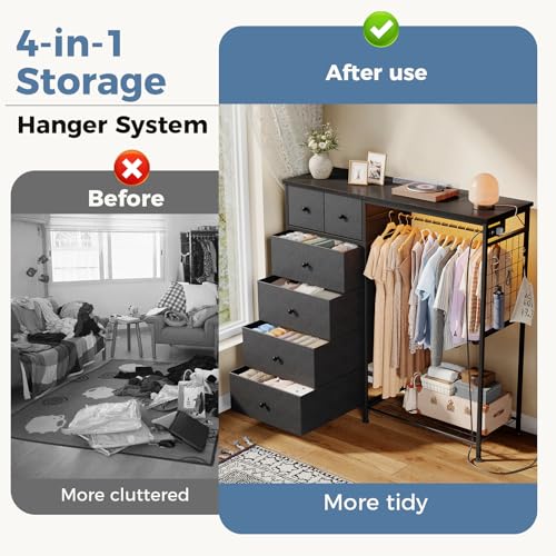 DUMOS Dresser for Bedroom with Hanging Rack, 6 Drawer Fabric Dresser with Charging Station and LED Lights, Closet Organizer & Storage Tower for Living Room, Entryway, Apartment, Grey - color: Grey, size: 15.8"D x 47.2"W x 49.2"H (6 Drawers)