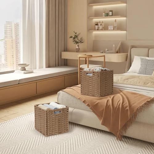 DULLEMELO Wicker Storage Baskets 11x11 Storage Cube Bins Foldable Plastic Cubby Baskets for Shelves Set of 2 Waterproof Woven Storage Bins for Organizing Pantry,Closet,Toys - Brown - color: Woven-Brown, size: 11in-2 pack