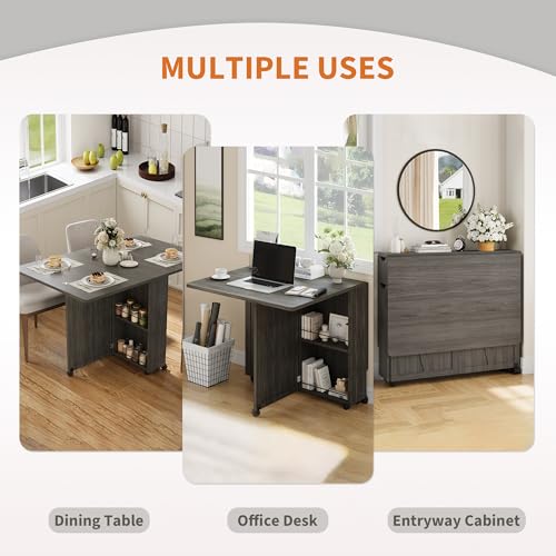 Garvee Folding Dining Table with Storage, Folding Kitchen Table with 6 Wheels, Drawer & Shelves, Compact Dining Table for Small Spaces - color: Grey