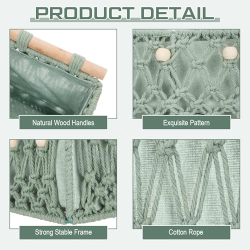 Vesici 4 Pcs Green Macrame Storage Basket for Shelves 13 in 11 in Boho Storage Basket Hand Woven Boxes with Wood Handles Beads Decorative Countertop Toilet Tank Cabinet Organizer for Home Room Decor - color: Green