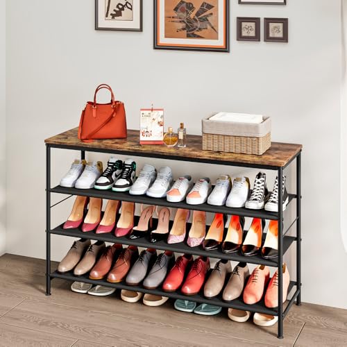 INGIORDAR Shoe Rack Organizer 5 Tier Metal Organizer Shelf with Industrial MDF Board and Layer Fabric for Entryway Closet Bedroom Living Room Garage (Black+Rustic Brown, 4 Tier(47.2" W)) - color: Black+rustic Brown, size: 4 Tier(47.2"W)