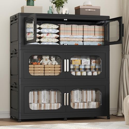 150Gal Extra Large Stackable Storage Bins with Lid & Wheels & Doors, 200QT/50GAL 3-Tiers Collapsible Closet Organizers Plastic Containers Drawers Boxes for Home Kitchen Bedroom, Black - color: Black, size: 50Gal-3Pack