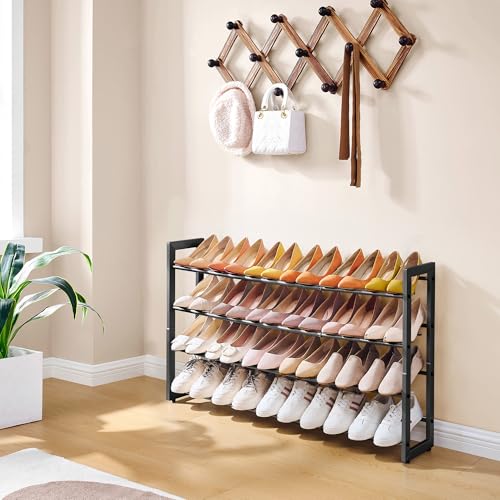 FAVOOSTY 4-Tier Expandable Shoe Rack, Adjustable Shoe Shelf Storage Organizer Space Saving Metal Free Standing Shoe Rack for Entryway Closet Doorway, Black - color: Black, size: 4 Tier