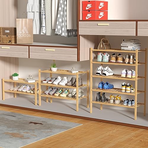 ROMGUAR CRAFT 4 Tier Bamboo Shoe Rack for Closet Free Standing Wood Shoe Shelf for Entryway Small Space Stackable 27"x11"x26" (Natural) - color: Natural, size: 4 tier