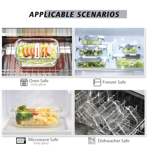 AILTEC 12 Pack Glass Food Storage Containers with Lids, Glass Meal Prep Containers Set with Leak Proof Lids, Airtight Lunch Container for Kitchen, Microwave, Oven, Freezer, Dishwasher Safe, Bpa free - color: gray