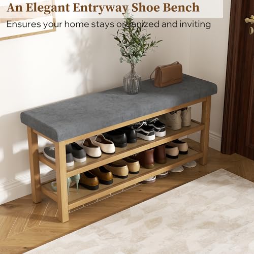 2 Tier Shoe Rack Bench with Cushion, Rubberwood Shoe Benches, Mid-Century Modern Shoe Storage Bench for Entryway, Hallway, Living Room, Closet, Front Door Entrance, Dark Grey - color: Dark Grey