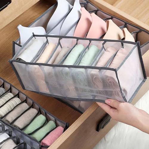 Underwear Storage Organizer, 7-Compartment Foldable Drawer Divider for Home, Closet, and Travel Use, Mesh Fabric Underwear Organizer Box (Grey) - color: 1 Grey