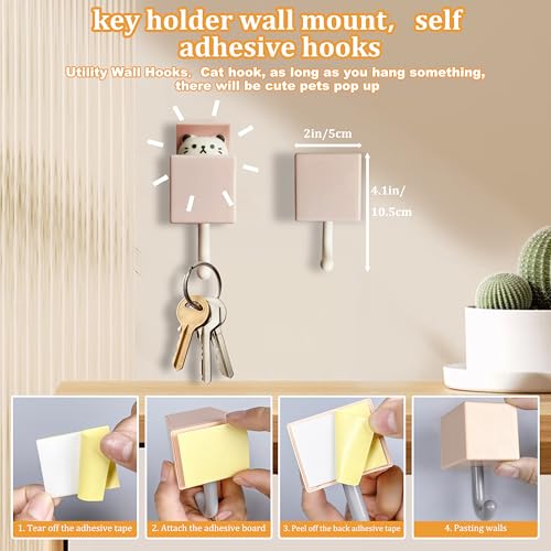 6Pcs Cute Creative Cat Coat Hook for Wall and Door-Max Load 10LB,Utility Heavy Duty Adhesive Wall Hook Mount for Coat, Towel,Scarf, Hat, Robes,Key and Other Items,Kawaii Room Decorative Hooks - color: pink, light blue, ,orange,brown,grey,white.