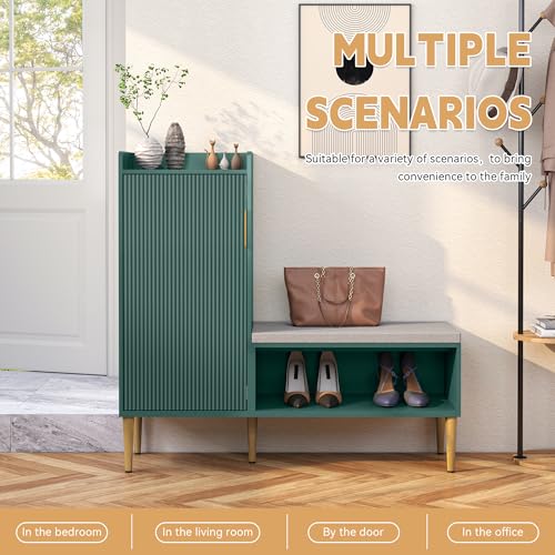 Storage Bench with Fluted Door&Shelf, Modern Entryway Bench with Padded Seat, L-Shaped Shoe Organizer Cabinet for Hallway, Living Room, Office, Green - color: Green
