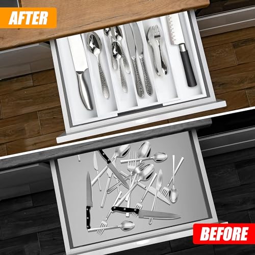 Kitchen Silverware Drawer Organizer and Storage Utensilios De Cocina Modernos Soporte Para Cucharas Trastes De Cocina Organizadores Platos Para Gabinetes Cajones Decoración Organizador Para Utensilios - color: White, size: 7 Slots Expandable-2PC