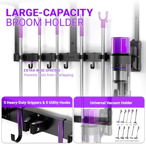 Heavy Duty Broom Holder Wall Mount with Cleaning Supplies Organizer, Space-Saving Laundry Room Organization and Storage Shelves, All-Metal Mop Hanger Broom Rack with Hooks, Garage Organizer Shelf - size: Medium-2