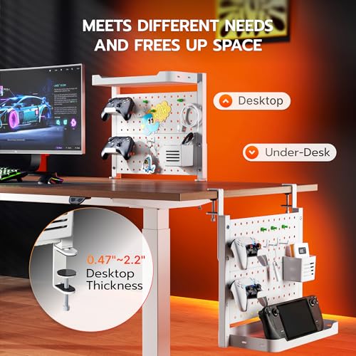 ARES WING Clamp On Desk Pegboard with 16 inches Organizer Shelf, Adjustable Above or Under Desk Storage Shelf Holds 44 lbs, Magnetic Metal Peg Board for Office and Gaming Accessories, White - color: White, size: Pegboard Shelf