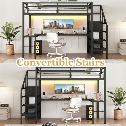 Bellemave Full Size Metal Loft Bed with L Shaped Desk and Wardrobe, Heavy Duty Loft Bed Frame with Storage Stairs, LED Loft Bed Frame with Charging Station & Safety Guardrails, Black - color: Black, size: Full