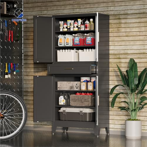 COFaR 71'' Tall Metal Pantry Cabinet with Drawer, Kitchen Storage Cabinet with 4 Doors and Shelves, Freestanding Farmhouse Food Cupboard for Kitchen Dinning Room Garage, Black 6-Tier - color: Black, size: 71 Tall 4 Doors 1 Drawer-Tree Door