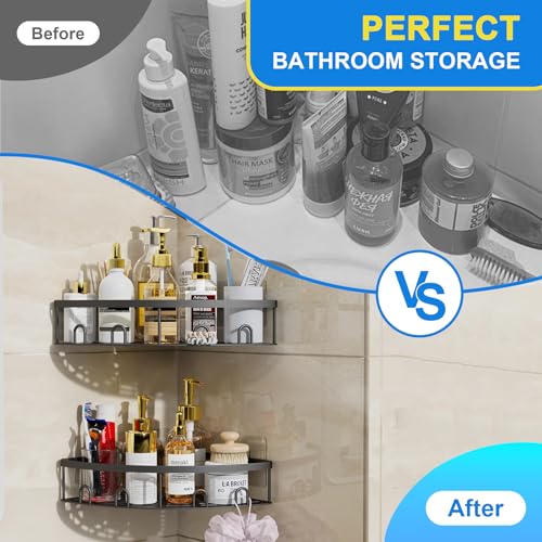Corner Shower Caddy, 2 Pack Adhesive Bathroom Shower Corner Organizer Shelf, No Drilling Rustproof Wall Mounted Shower Storage Rack Shampoo Holder Organizer (Black) - color: Black