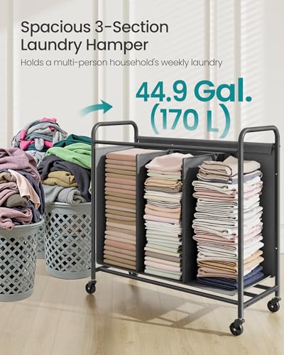 SONGMICS 3-Section Laundry Sorter, Laundry Hamper with Wheels, Rolling Clothes Hamper Cart with Large Capacity and Removable Bags, for Laundry Room, Bedroom, Bathroom, Slate Gray URLS330G01 - color: Slate Gray, size: 170 L