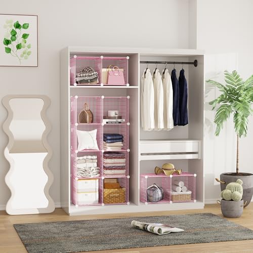 C&AHOME Wire Cube Storage, 12 - Cube Organizer Metal C Grids, Modular Shelves Units, Closet Organizer, Ideal for Home, Office, Living Room, 36.6”L x 12.4”W 48.4”H, Pink UWCS3012P - color: Pink