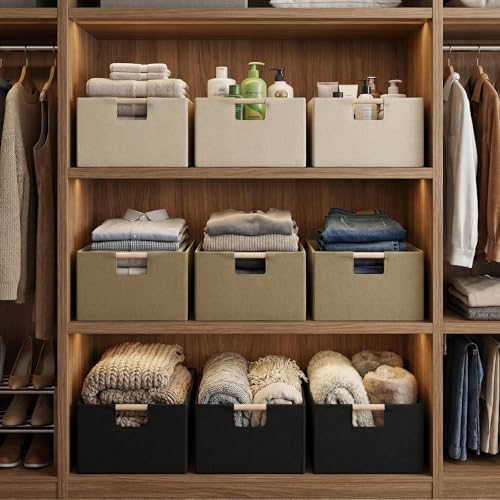 Foldable Fabric Storage Baskets Set of 2 for Shelves, Linen Decorative Storage Bins with Wooden Handles, Small Organizer Cubes for Closet, Rectangle Canvas Boxes for Organizing, Decor (Black 2 Pack) - color: Black 2 Pack