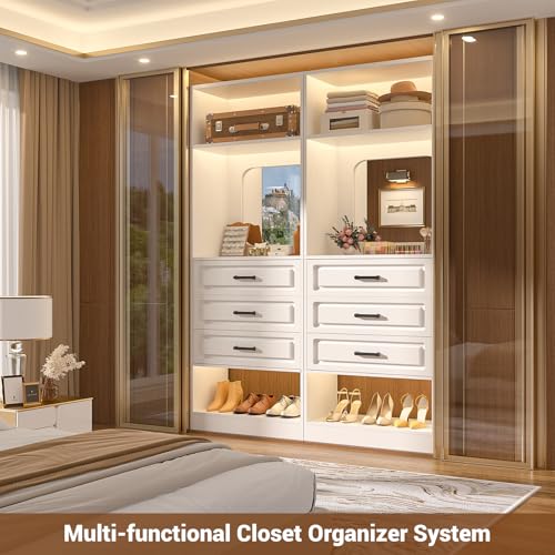 Unikito 25”Freestanding Closet System with 3 Drawers, Closets Organizer Wardrobe with Storage Shelves and Mirror, Sturdy Wood Walk-in Closet Systems for Small Closets, 25" W x 16" D x 80" H, White - color: White, size: 25 Inch