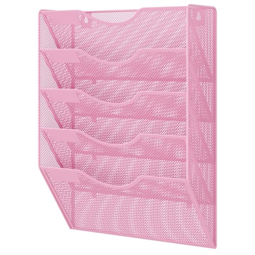 EasyPAG Wall File Organizer 5 Tier Hanging Paper Folder Holder, Zero Assembly Metal Mesh Wall Mounted Mail Organizer for Office Home Classroom Narrow Spaces, Pink - color: Pink, size: 5 Tier