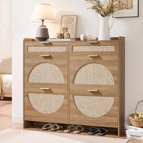 Rattan Shoe Storage Cabinet with 4 Flip Drawers & 2 Drawers, Freestanding Organizer for Front Door Entrance, Hidden Narrow Shoe Rack Cabinet Storage for Entryway, Rustic Oak Rattan - style: 4-Drawers