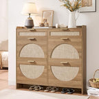 Rattan Shoe Storage Cabinet with 4 Flip Drawers & 2 Drawers, Freestanding Organizer for Front Door Entrance, Hidden Narrow Shoe Rack Cabinet Storage for Entryway, Rustic Oak Rattan - style: 4-Drawers