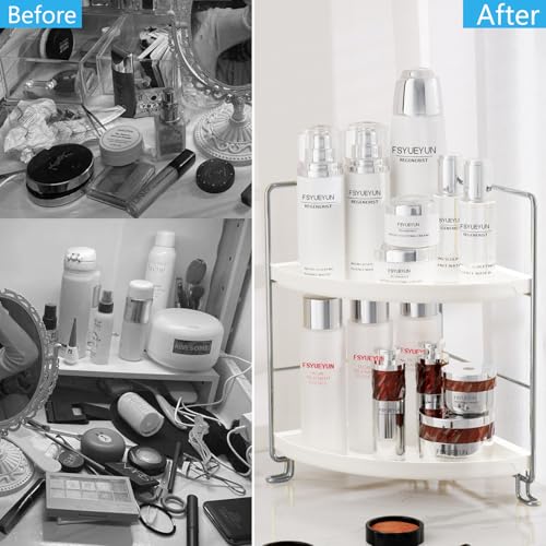 FSyueyun 2-Tier Corner Bathroom Counter Organizer, Tool-Less Installation Vanity Shelf Small Plastics Countertop Makeup Tray Skincare Perfume Organizers (Silver) - color: Silver
