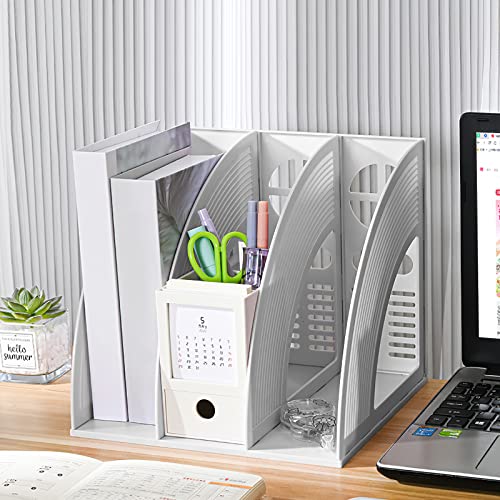 SAYEEC Magazine File Holders 3 Compartment Binder Stand Gray Magazine Storage Folder Desktop File Bookshelf Organizer Office Book Holder Rack for Office Home School - color: 3 Compartments - Gray