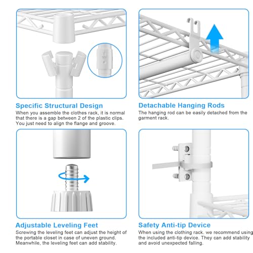 Ulif E13 Max Heavy Duty Clothes Rack（With 4 Hanger Rods & 8 Shelves） Freestanding Clothing Racks for Hanging Clothes，Adjustable Closet，Metal Garment Rack 86" W x16 D x77 H，Max Load 1100LBS，White - color: White, size: E13 Max