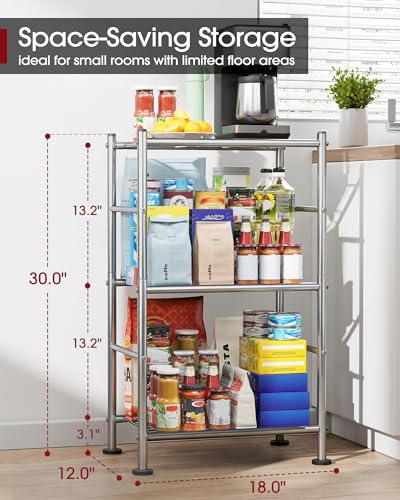 Sakugi Storage Shelves - 3 Tier Shelf Organizer, Sturdy Metal Shelving with Adjustable Leveling Feet, Space-Saving Shelves Organizer for Pantry, Laundry, Kitchen (18" x 12" x 30", Silver) - color: Silver, size: 18.0W x 12.0D x 30.0H (3T)