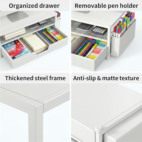 ECOLOVI Desk Organizer and Accessories, 2-Tier Computer Monitor Stand Rise with Storage Drawer & 2 Pen Holders, Laptop & Printer Stand for Desktop, Workspace Organizers for Office Supplies (White) - color: White