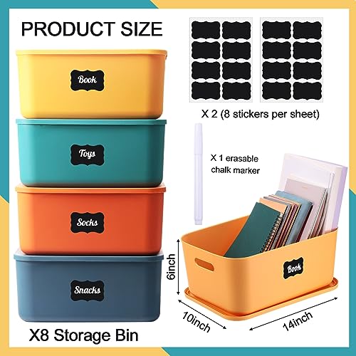 Tanlade 8 Pcs Plastic Storage Bins Stackable Baskets with Lid and Handle Colorful Desktop Storage Box Cubby Containers for Shelf Bedroom Office, Include 1 Erasable Marker, 16 Stickers (14 x 10 x 6 In) - size: 14 x 10 x 6 in