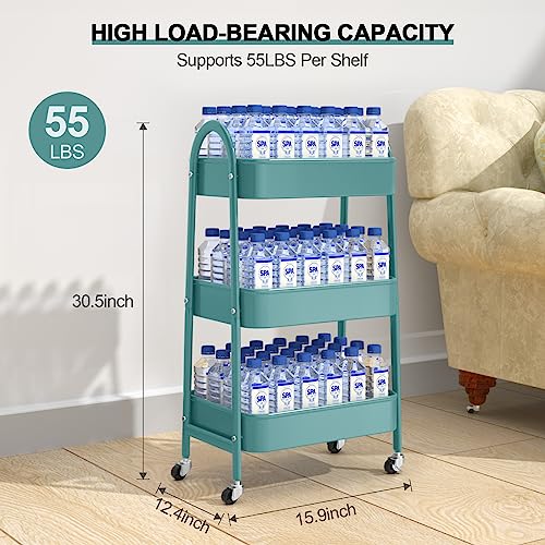 EAGMAK 3 Tier Utility Rolling Cart, Metal Storage Cart with Handle and Lockable Wheels, Multifunctional Storage Organizer Trolley with Mesh Baskets for Kitchen, Living Room, Office, Garage (Green) - color: Green, size: Normal