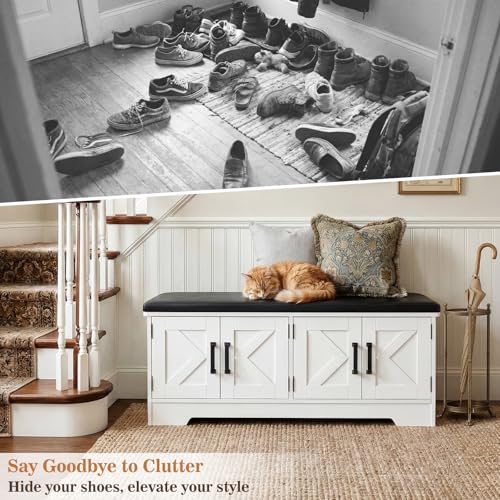 Farmhouse Shoe Storage Bench with Cushion - 43.3" Entryway Bench with Storage & 4 Barn Doors, 2-Tier Wooden Shoe Rack Bench, Hidden Shoe Cabinet & Mudroom Bench for Bedroom Hallway Living Room, White - color: White