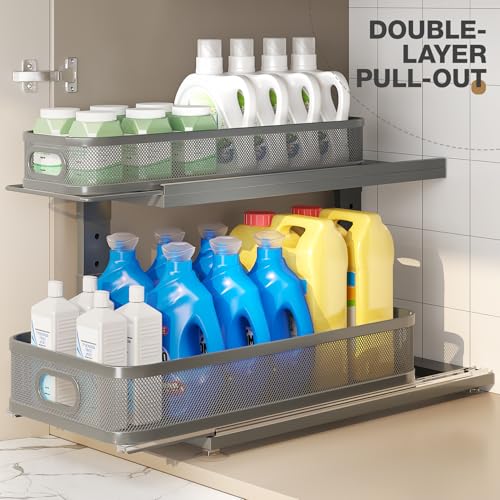 2 Pack 21IN-Depth Under Sink Organizer With Next-Gen Ball-Bearing Slides,2-Tier Precision Mesh Pull Out Cabinet Storage for Bathroom&Kitchen,Height Adjustable Drawers Shelf,Anti-rust-Grey - color: Gun Gray, size: 2 Pack-21"Dx12.4"-16.5"H