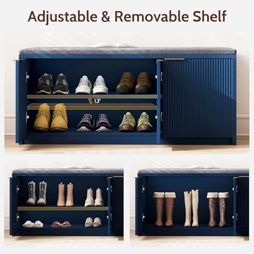 2-Tier Shoe Storage Bench with 3 Doors & Adjustable Shelf, Removable Washable Padded Seat Cushion, 41.3" Entryway Storage Cabinet for Living Room, Bedroom – Navy Blue Modern Design - color: Navy Blue, size: 41.3"