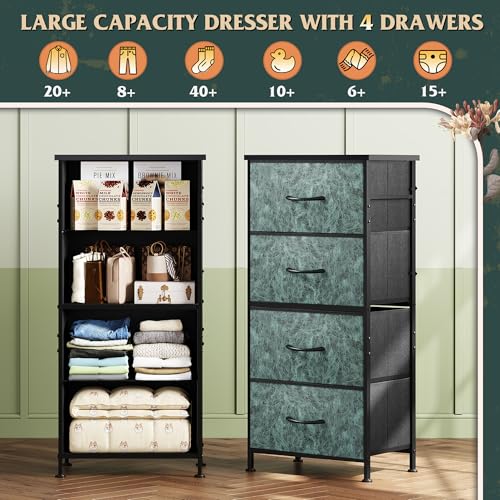 WLIVE Dresser with 4 Drawers, Storage Tower, Organizer Unit, Fabric Dresser for Bedroom, Hallway, Entryway, Closets, Sturdy Steel Frame, Wood Top, Easy Pull Handle, Vintage Green - color: Turquoise
