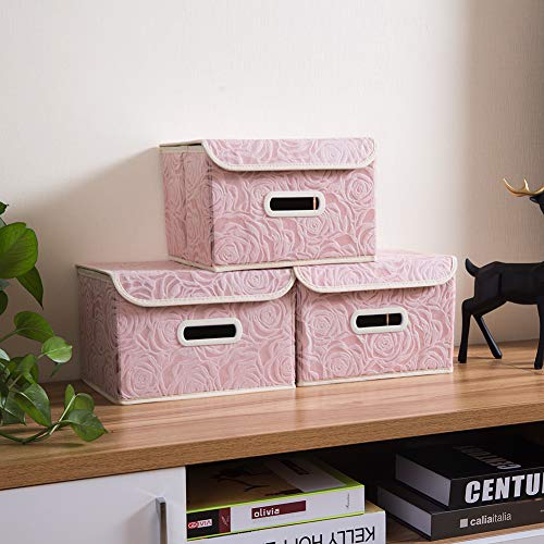 PRANDOM Collapsible Storage Boxes with Lids Fabric Decorative Storage Bins Cubes Organizer Containers Baskets with Cover Handles Divider for Bedroom Closet Living Room 9.8x7.9x6.7 Inch 3 Pack - color: Pink, size: Small(3-Pack)