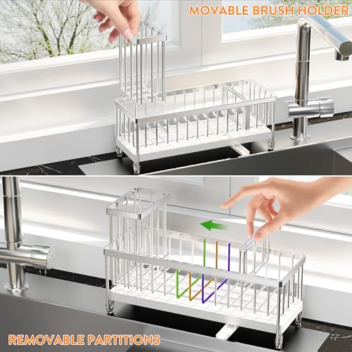 Cisily Sponge Holder for Kitchen Sink, Sink Caddy Organizer with High Brush Holder, Kitchen Countertop Organizers and Storage Essentials, Rustproof 304 Stainless Steel (Silver, 10.62″) - color: Large Silver