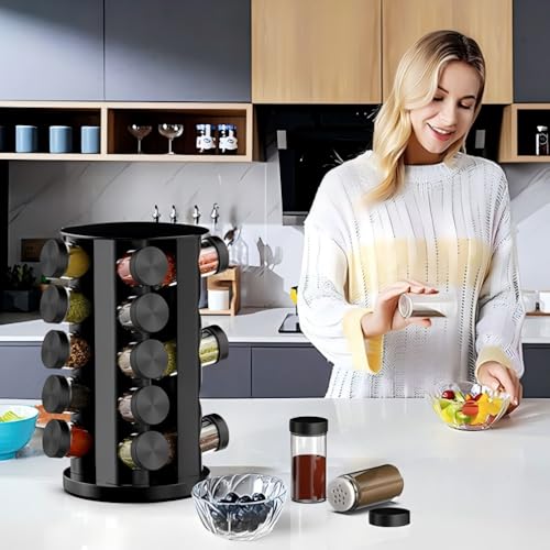 Rotating Spice Rack Organizer for Cabinet, Spice Racks Storage with 20 Jars, Spinning Spice rack for Kitchen Countertop, Spice Holder,Seasoing Storage Racks, Black - color: Black
