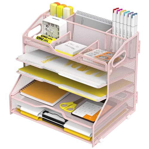 YINGHUA 5 Tier Paper Tray Letter Organizer with Top 6 Adjustable Compartments - Paper Sorter Office Desktop Accessories with Handles for Document,Mail,School Supplies Storage,Pink - color: 5 Tier-pink