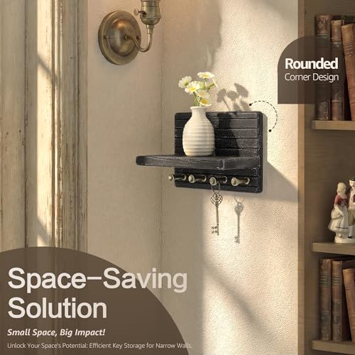 Rebee Vision Pine Wooden Key Holder Wall Mount for Home Decor – 7-inch Key Rack for Wall with 4 Sturdy Hooks & Mini Floating Shelf - Ideal Apartment Essentials for Home and Kitchen (Old Black) - color: OldBlack, size: Small-7inch