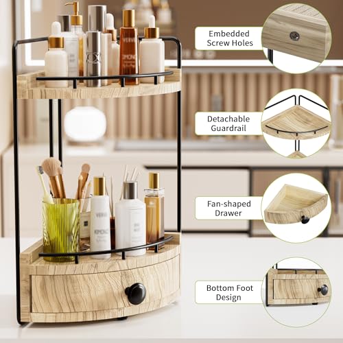 2-Tier Corner Bathroom Counter Organizer with Drawer & Embedded Screw Holes - Wooden Countertop Organizers for Skincare, Makeup Storage, Bathroom Sink Counter Shelf for Vanity, Kitchen, Wood color - color: Wood color