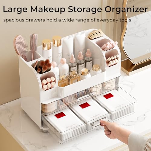 Makeup Organizer for Vanity with 2 Large Drawers, Cosmetic Display Case with Brush Holders, Easy to Storage for Bathroom Countertop Skincare, Perfume, White - color: White