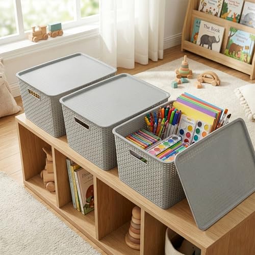 BINO | Plastic Storage Baskets with Lids, 45 Liter - 3 Pack, Natural Grey | THE WOVEN COLLECTION | Storage Basket for Shelves | Woven Storage Baskets for Organizing Bins | Pantry Shelf Organizer Bin - color: Natural Grey, size: 45L | 2-Pack